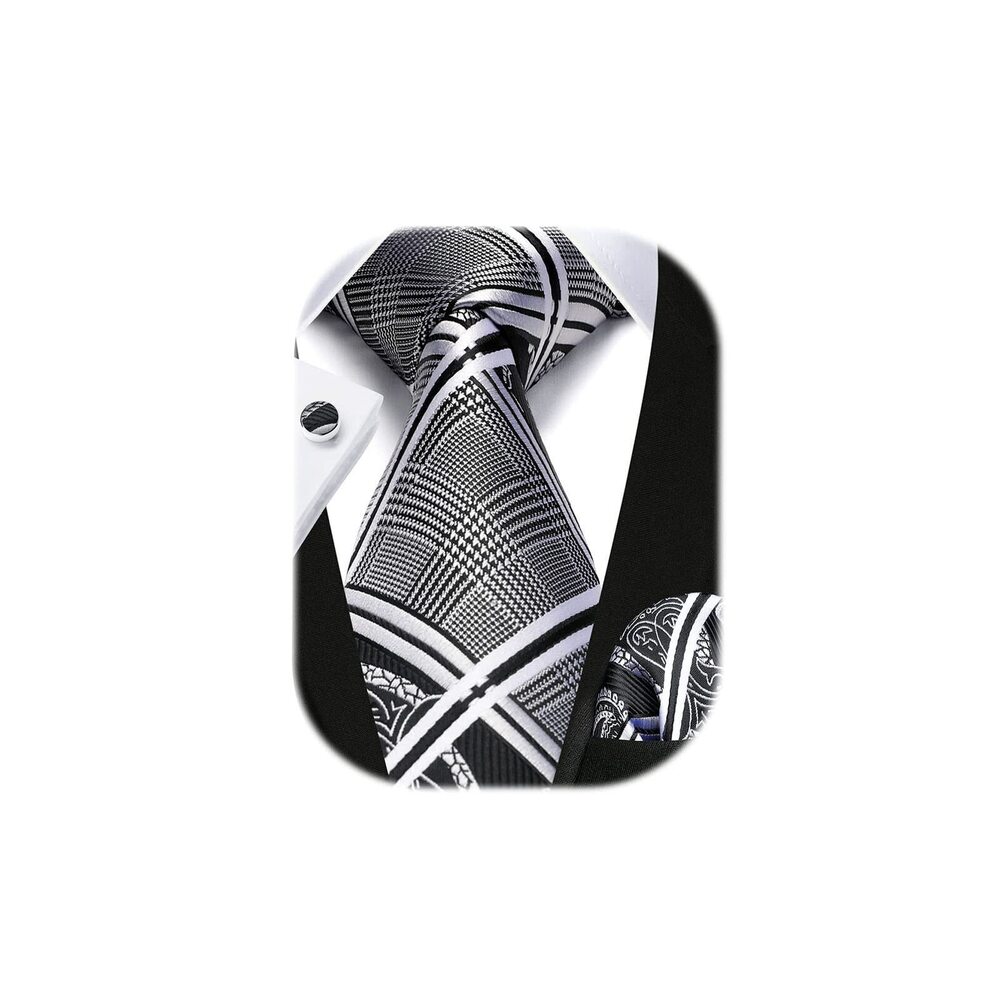 8898 Stripe Ties Set Black and White Ties Handkerchief Cufflinks Classic